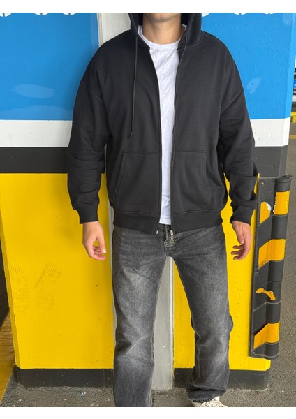 Erkek Overfit Fermuarlı Kapüşonlu Hırka