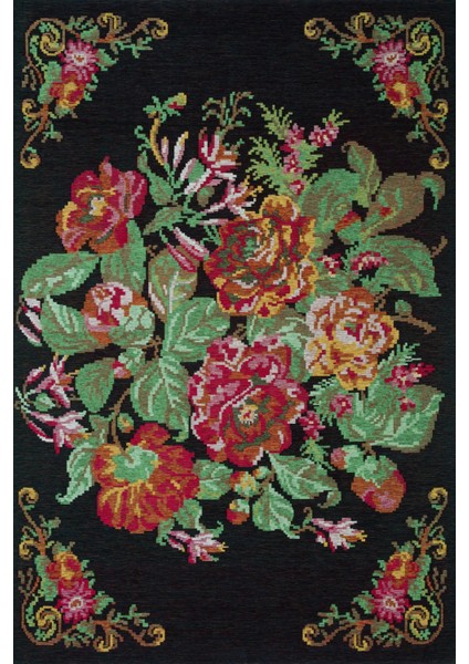 Siyah Çiçekli Modern Etnik Desenli Halı | Makinada Yıkanabilir | Hav Toz Vermez | Leke Tutmayaz | Kaymaz Taban | Dijital Makine Baskı | Salon Yolluk Mutfak Halısı