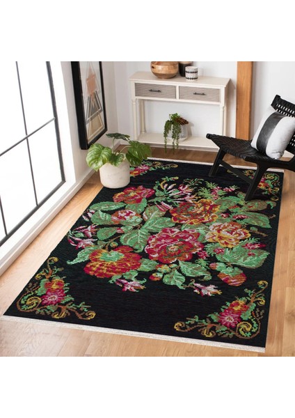 Siyah Çiçekli Modern Etnik Desenli Halı | Makinada Yıkanabilir | Hav Toz Vermez | Leke Tutmayaz | Kaymaz Taban | Dijital Makine Baskı | Salon Yolluk Mutfak Halısı fiyatları