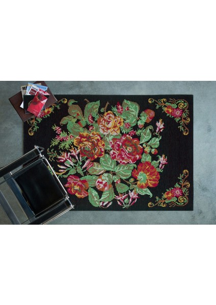 Siyah Çiçekli Modern Etnik Desenli Halı | Makinada Yıkanabilir | Hav Toz Vermez | Leke Tutmayaz | Kaymaz Taban | Dijital Makine Baskı | Salon Yolluk Mutfak Halısı modelleri