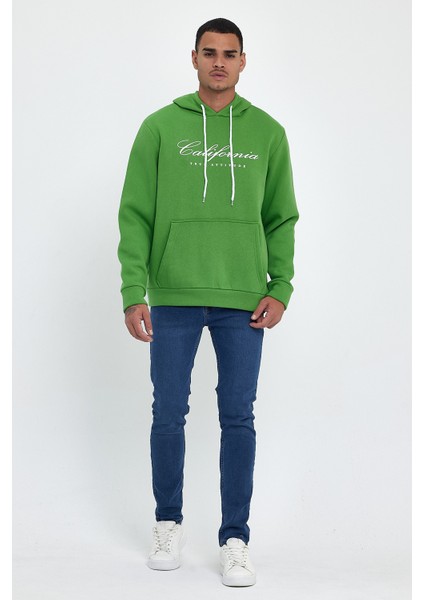 Erkek Kapşonlu Rahat Kalıp Içi Polarlı 3 Iplik El Yazılı Californıa Baskılı Swetashırt SPR24SW03
