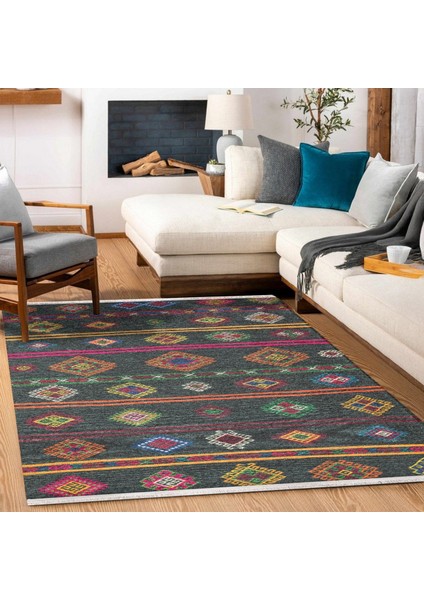 Siyah Etnik Modern Etnik Desenli Halı | Makinada Yıkanabilir | Hav Toz Vermez | Leke Tutmayaz | Kaymaz Taban | Dijital Makine Baskı | Salon Yolluk Mutfak Halısı fiyatları
