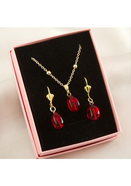 Allzey Cam Sanatı Murano Nar Tanesi Kutulu Set Kolye-Kırmızı
