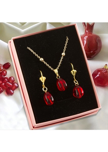 Allzey Cam Sanatı Murano Nar Tanesi Kutulu Set Kolye-Kırmızı modelleri