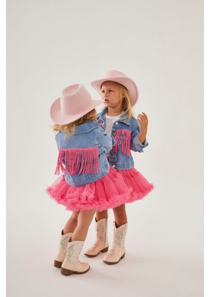 Kız Çocuk Püsküllü Kot Ceket ve Tütü Etek Alt Üst Takım Trend Moda Yeni Sezon