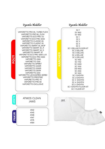 Uyumlu Lastikli Buharlı Temizleyici Bez Seti 5'li, Beyaz