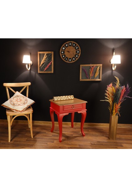 Çekmeceli Masif Kırmızı Naturel Komodin - Yan Sehpa