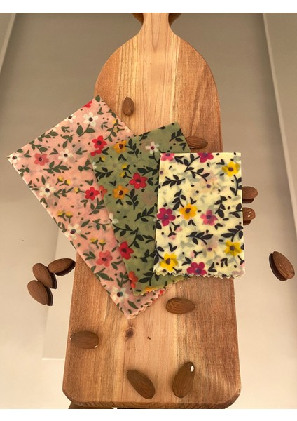 Çiçek Desen Tekrar Kullanılabilen Doğal Balmumlu (Balmumu) Gıda Saklama Kumaş Bez 3’lü