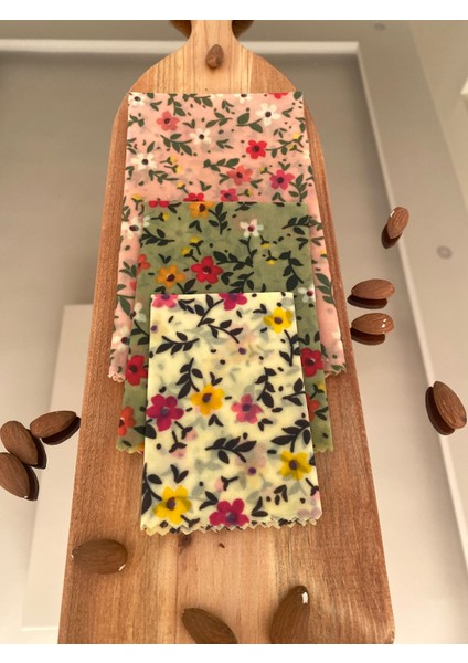 Çiçek Desen Tekrar Kullanılabilen Doğal Balmumlu (Balmumu) Gıda Saklama Kumaş Bez 3’lü fırsatları