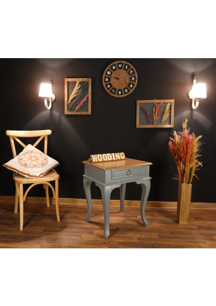 Çekmeceli Masif Gri Naturel Komodin - Yan Sehpa