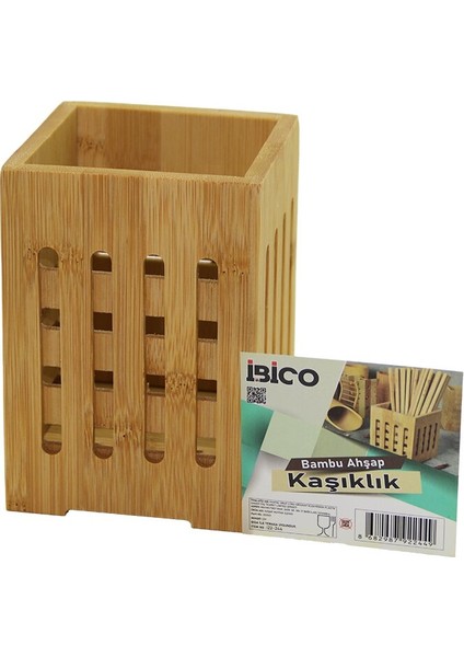 Büyük - Pencereli KARE=10X10CM Ahşap Bambu Kaşıklık Organizer (5248)