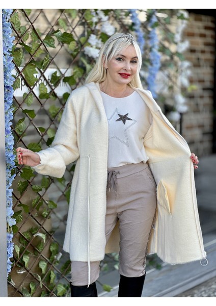 N33042 Kapüşonlu Göğüs Altı Ipli Angora Kaban Krem fırsatları