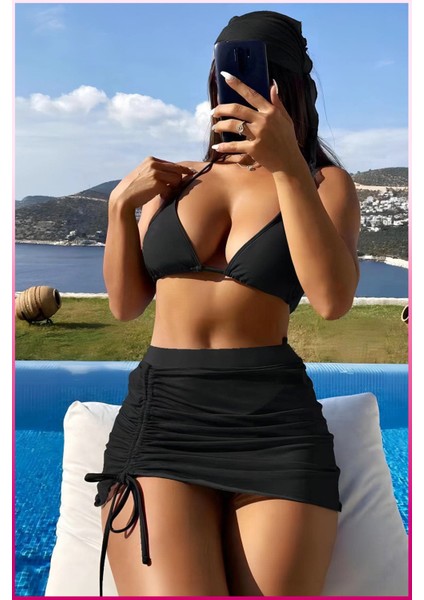Kadın Siyah 3 Parça Bikini Takımı Yan Büzgülü Uzun Etekli
