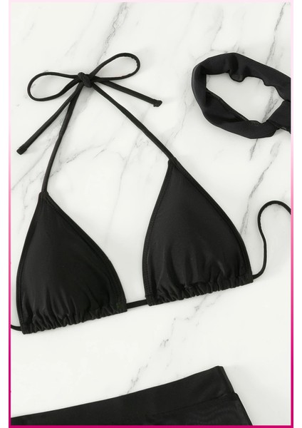 Kadın Siyah 3 Parça Bikini Takımı Yan Büzgülü Uzun Etekli modelleri
