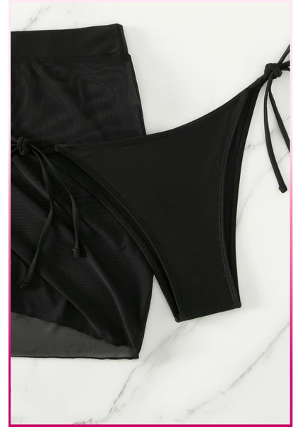 Kadın Siyah 3 Parça Bikini Takımı Yan Büzgülü Uzun Etekli fırsatları