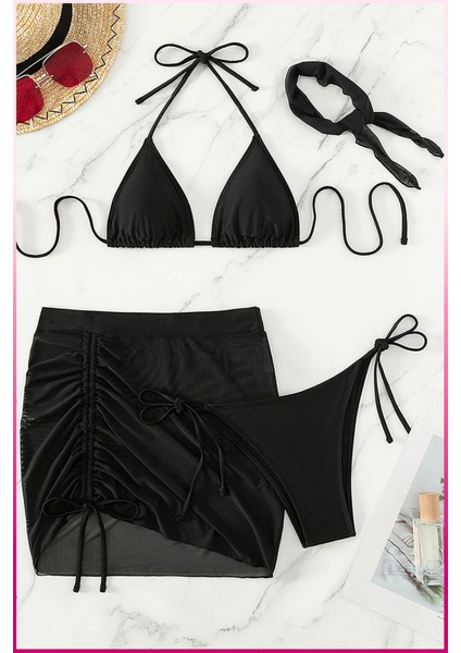 Kadın Siyah 3 Parça Bikini Takımı Yan Büzgülü Uzun Etekli