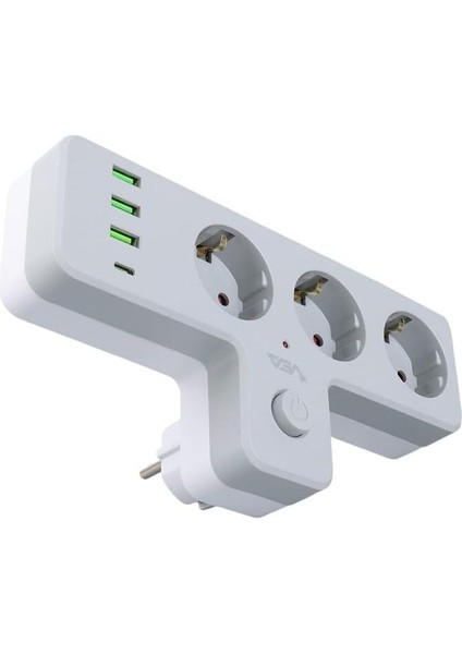 Lua Anahtarlı Topraklı Priz Adaptörü, 3 Soketli 3xusb 2.4A, 1xtype-C 20 Watt, Akim Korumali Priz, 10 A, 2500 W, Duvar Fişi, USB Fişi, USB C Bağlantı Noktalı, Hızlı Şarj,