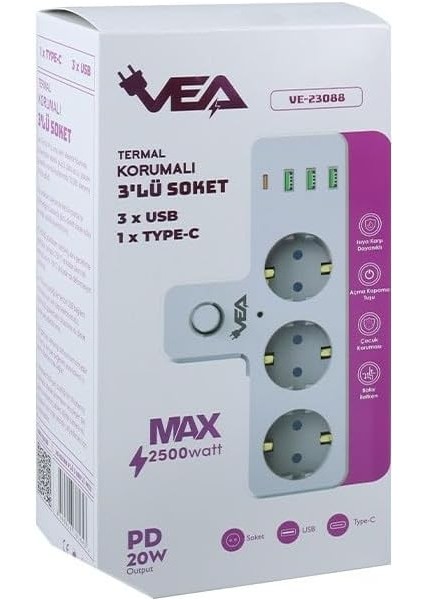 Lua Anahtarlı Topraklı Priz Adaptörü, 3 Soketli 3xusb 2.4A, 1xtype-C 20 Watt, Akim Korumali Priz, 10 A, 2500 W, Duvar Fişi, USB Fişi, USB C Bağlantı Noktalı, Hızlı Şarj, fırsatları