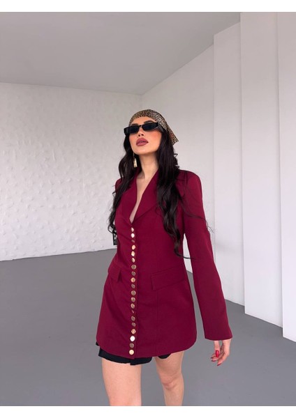 Kadın Gold Çıt Çıt Detaylı Tasarım Model Uzun Blazer Ceket Elbise fiyatları