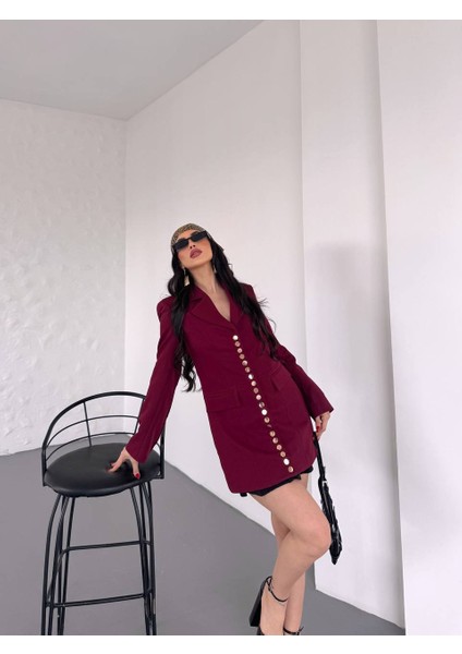 Kadın Gold Çıt Çıt Detaylı Tasarım Model Uzun Blazer Ceket Elbise modelleri