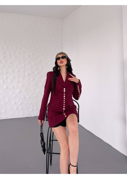 Kadın Gold Çıt Çıt Detaylı Tasarım Model Uzun Blazer Ceket Elbise fırsatları