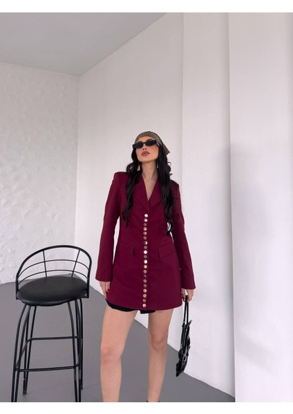 Kadın Gold Çıt Çıt Detaylı Tasarım Model Uzun Blazer Ceket Elbise indirimleri