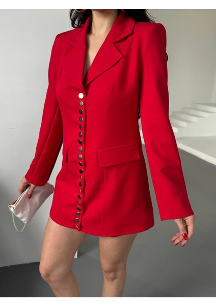 Kadın Gold Çıt Çıt Detaylı Tasarım Model Uzun Blazer Ceket Elbise modelleri