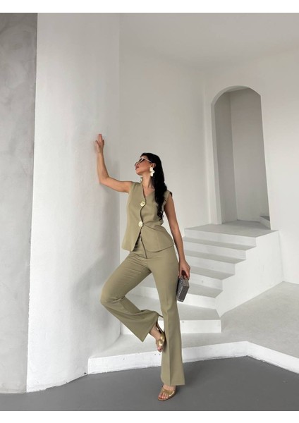 Kadın Gold Kurabiye Düğmeli Yelek Pantolon Takım Elbise indirimleri