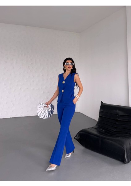 Kadın Gold Kurabiye Düğmeli Yelek Pantolon Takım Elbise