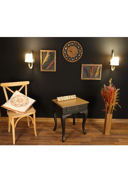 Çekmeceli Masif Siyah Naturel Komodin - Yan Sehpa