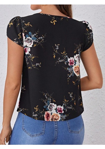 Kadın Kısa Kollu Bisiklet Yaka Çiçek Baskılı Süprem Bluz