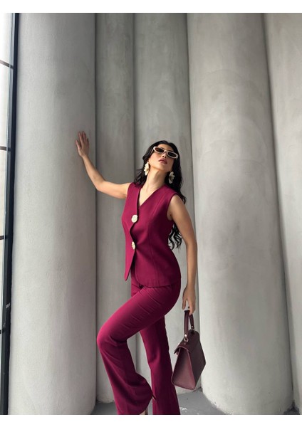 Kadın Gold Kurabiye Düğmeli Yelek Pantolon Takım Elbise