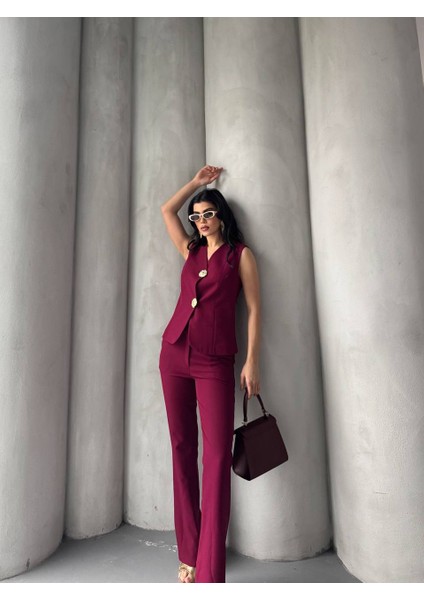 Kadın Gold Kurabiye Düğmeli Yelek Pantolon Takım Elbise fiyatları