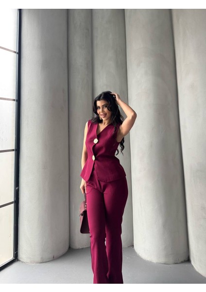 Kadın Gold Kurabiye Düğmeli Yelek Pantolon Takım Elbise modelleri