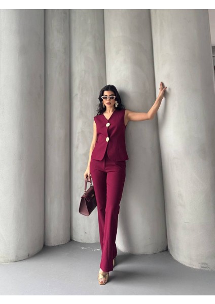 Kadın Gold Kurabiye Düğmeli Yelek Pantolon Takım Elbise indirimleri