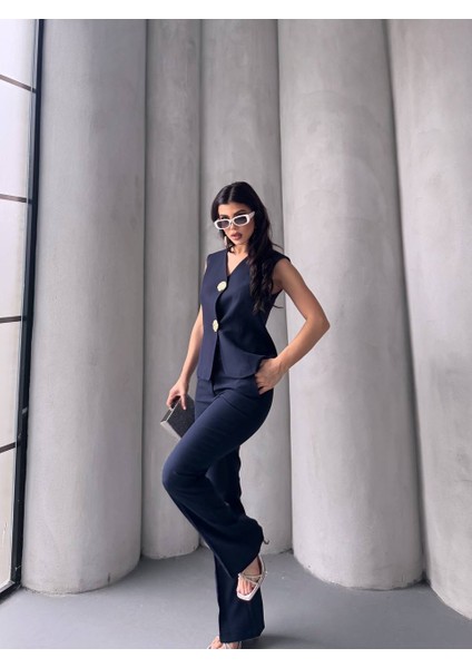 Kadın Gold Kurabiye Düğmeli Yelek Pantolon Takım Elbise