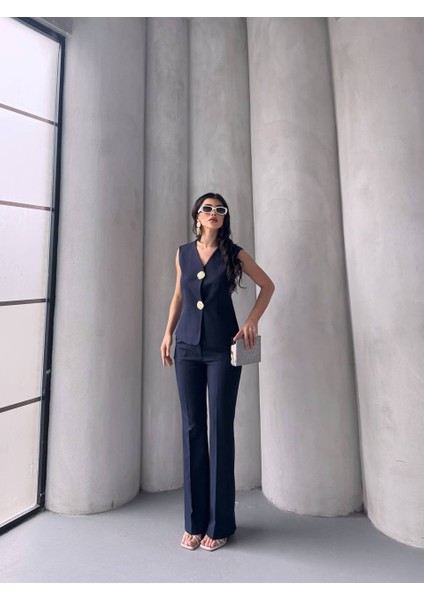 Kadın Gold Kurabiye Düğmeli Yelek Pantolon Takım Elbise indirimleri