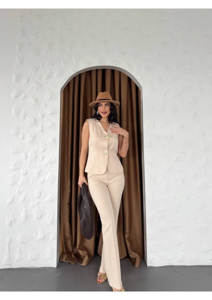 Kadın Gold Kurabiye Düğmeli Yelek Pantolon Takım Elbise