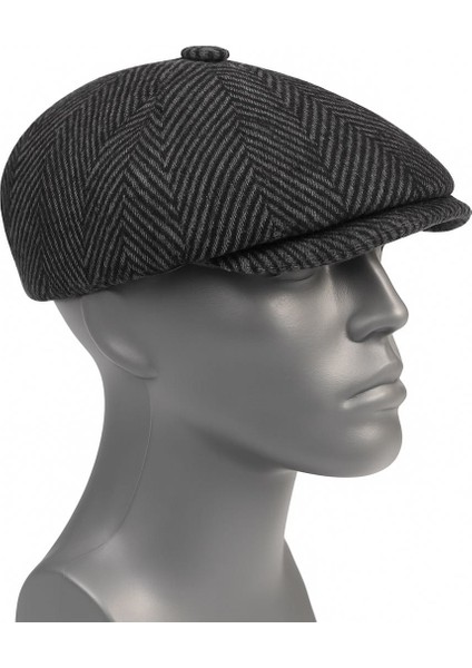 Erkek Kışlık Kaşe Kumaş Desenli Arkası Lastikli Standart Kasket Şapka (Newsboy Cap)