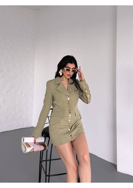 Kadın Gold Çıt Çıt Detaylı Tasarım Model Uzun Blazer Ceket Elbise fiyatları