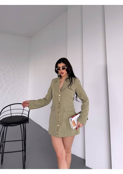 Kadın Gold Çıt Çıt Detaylı Tasarım Model Uzun Blazer Ceket Elbise modelleri