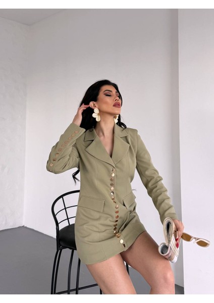 Kadın Gold Çıt Çıt Detaylı Tasarım Model Uzun Blazer Ceket Elbise fırsatları