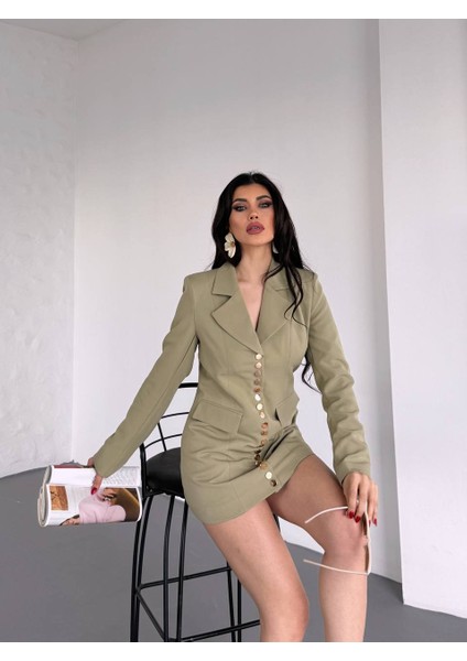 Kadın Gold Çıt Çıt Detaylı Tasarım Model Uzun Blazer Ceket Elbise indirimleri