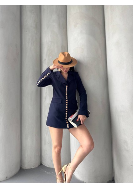 Kadın Gold Çıt Çıt Detaylı Tasarım Model Uzun Blazer Ceket Elbise fiyatları