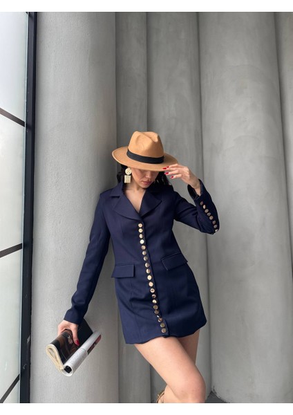 Kadın Gold Çıt Çıt Detaylı Tasarım Model Uzun Blazer Ceket Elbise modelleri