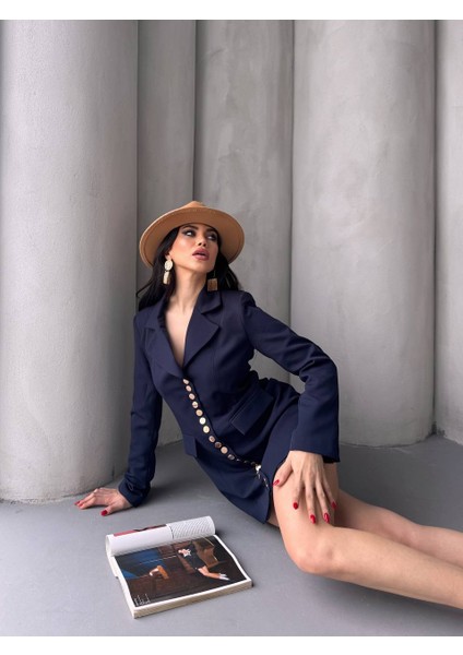 Kadın Gold Çıt Çıt Detaylı Tasarım Model Uzun Blazer Ceket Elbise indirimleri