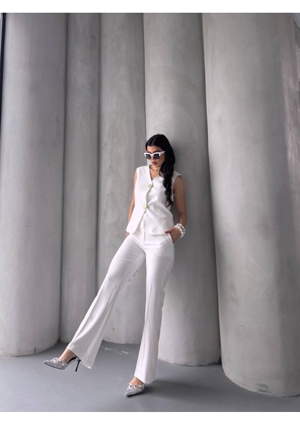 Kadın Gold Kurabiye Düğmeli Yelek Pantolon Takım Elbise