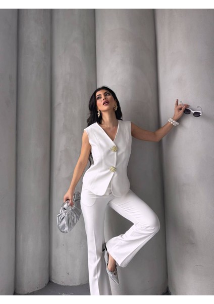 Kadın Gold Kurabiye Düğmeli Yelek Pantolon Takım Elbise indirimleri