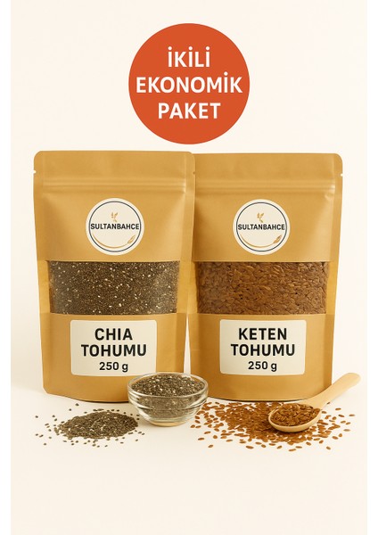 Chia (Çiya) Tohumu 250 gr + Keten Tohumu 250 gr – Doğal, Katkısız Süper Besin Seti