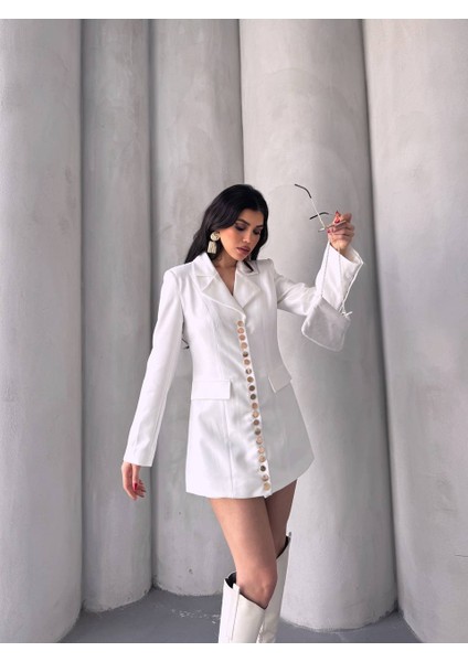 Kadın Gold Çıt Çıt Detaylı Tasarım Model Uzun Blazer Ceket Elbise modelleri